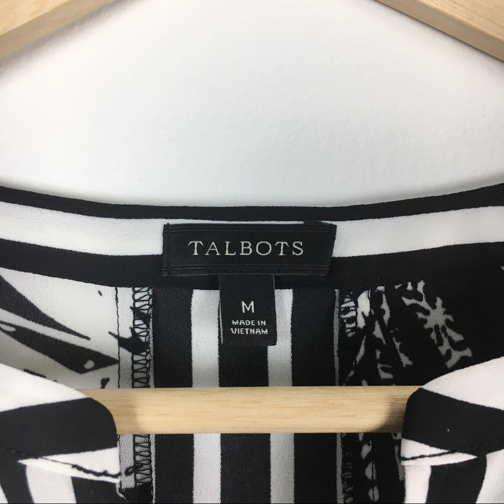 Talbots Black & White Tropical Palm Leaf Print Split V-Neck Blouse Top Shirt M - Picture 5 of 7